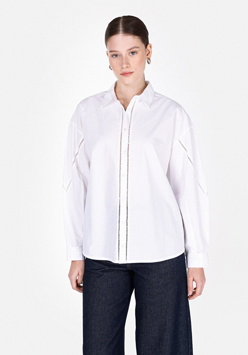 Regular Fit Shirt Neck Düz Kadın Beyaz Uzun Kol Gömlek