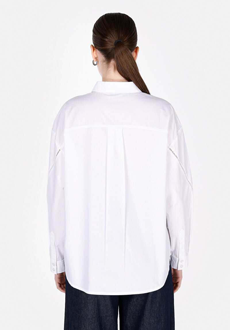 Regular Fit Shirt Neck Düz Kadın Beyaz Uzun Kol Gömlek