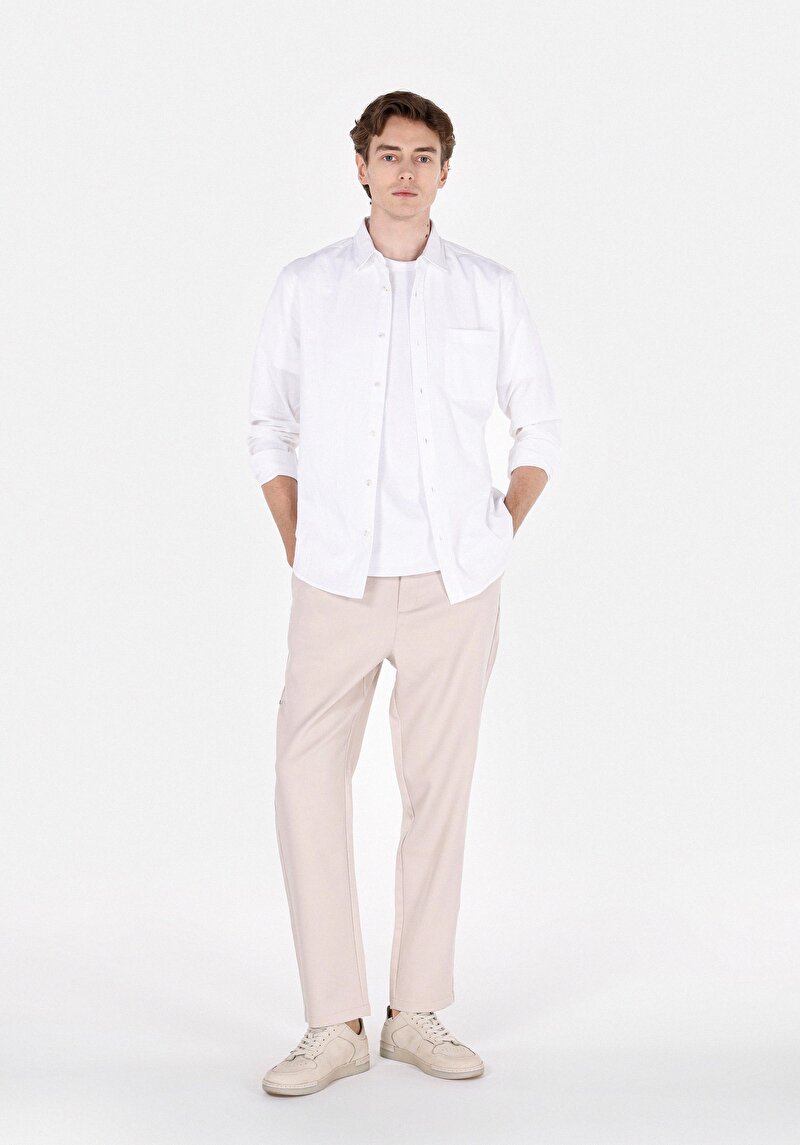 Regular Fit Shirt Neck Düz Erkek Beyaz Uzun Kol Gömlek