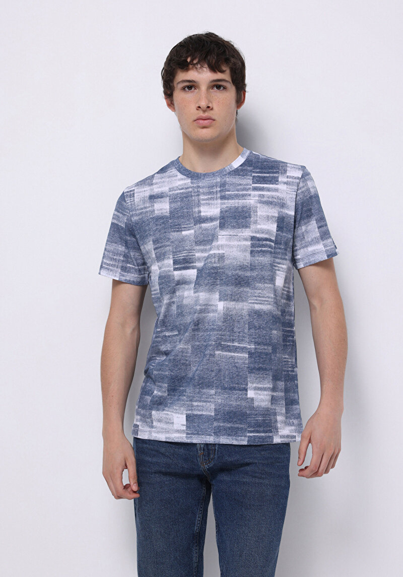 Regular Fit Yuvarlak Yaka Baskılı Erkek Mavi Kısa Kol Tişört