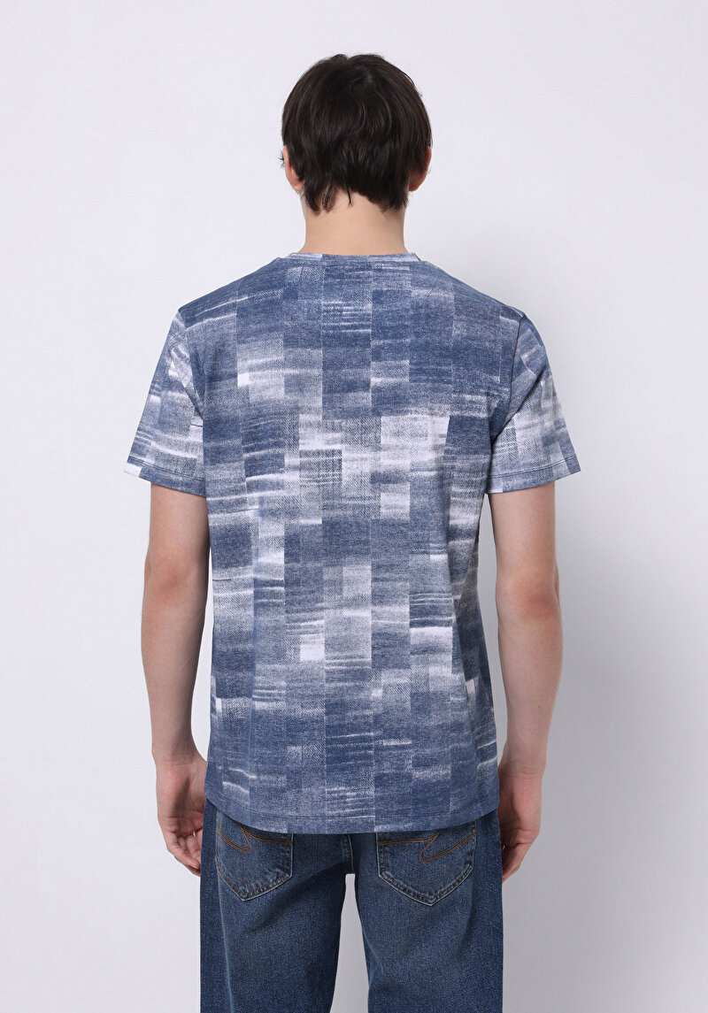 Regular Fit Yuvarlak Yaka Baskılı Erkek Mavi Kısa Kol Tişört