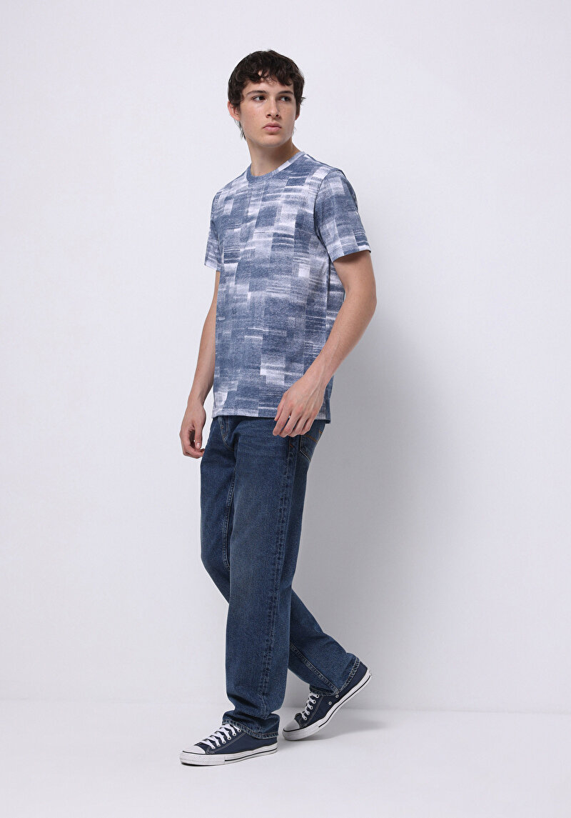 Regular Fit Yuvarlak Yaka Baskılı Erkek Mavi Kısa Kol Tişört