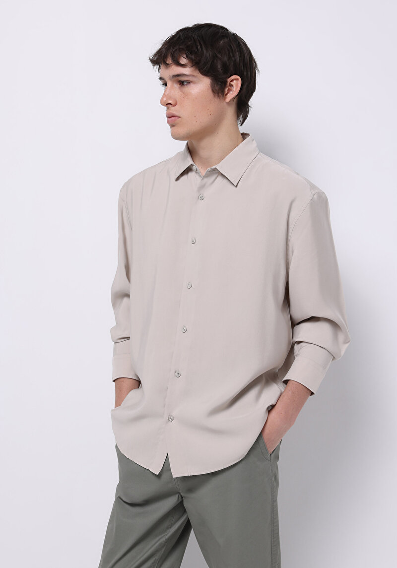 Comfort Fit Shirt Neck Düz Erkek Bej Düğmeli Uzun Kol Gömlek