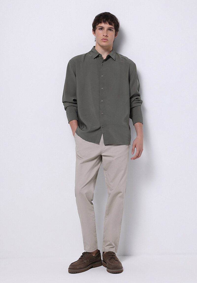 Comfort Fit Shirt Neck Düz Erkek Yeşil Uzun Kol Gömlek