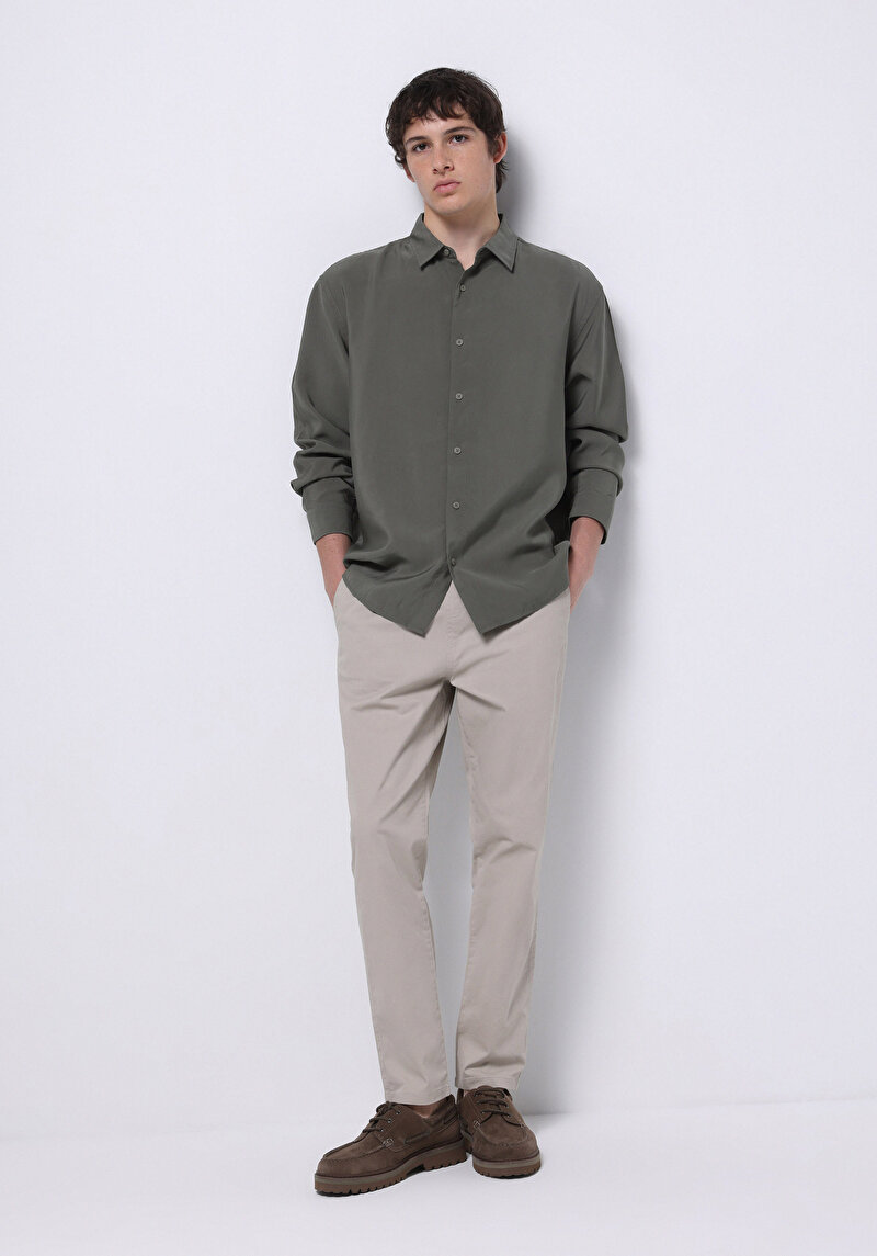 Comfort Fit Orta Bel Uzun Paça Erkek Bej Pantolon