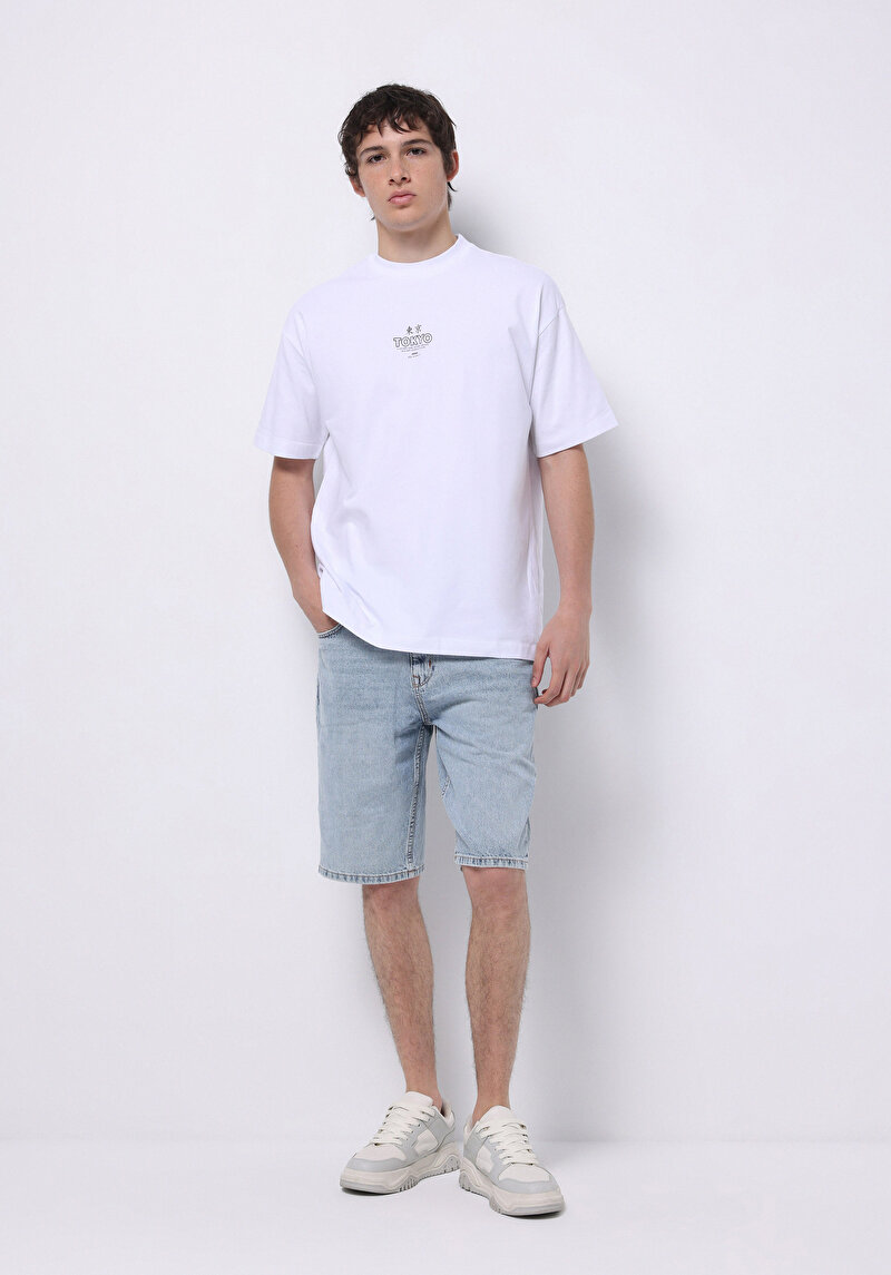 Comfort Fit Yuvarlak Yaka Düz Erkek Tokyo Yazılı Beyaz Kısa Kol Tişört