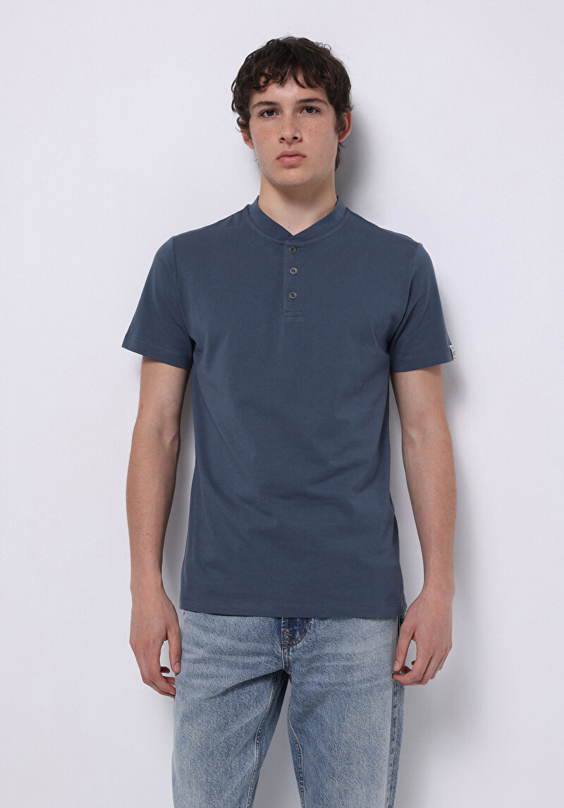 Regular Fit Yuvarlak Yaka Düz Erkek Mavi Kısa Kol Tişört