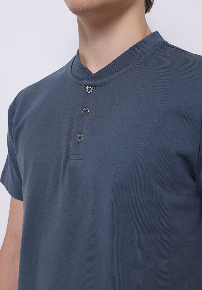 Regular Fit Yuvarlak Yaka Düz Erkek Mavi Kısa Kol Tişört