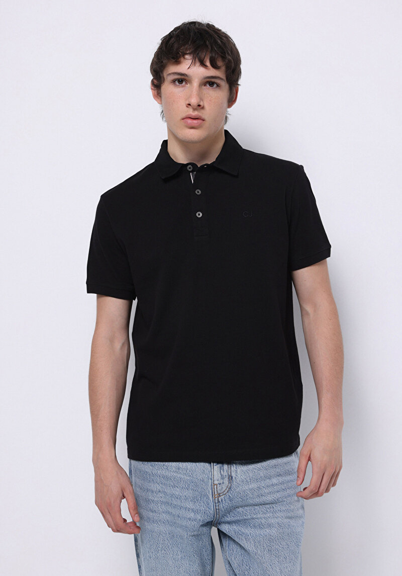Regular Fit Polo Yaka Düz Erkek Siyah Kısa Kol Tişört