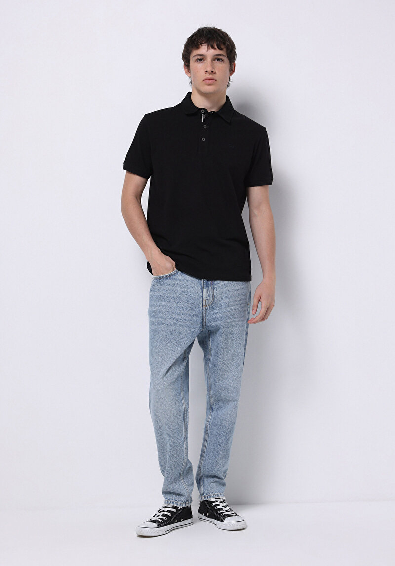 Regular Fit Polo Yaka Düz Erkek Siyah Örme Kısa Kol Tişört