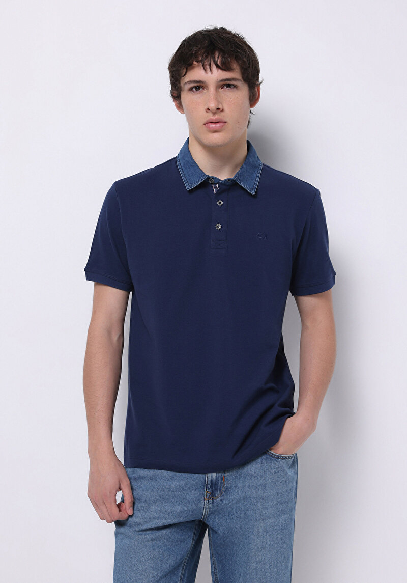 Regular Fit Polo Yaka Düz Erkek Mavi Örme Cepsiz Kısa Kol Tişört