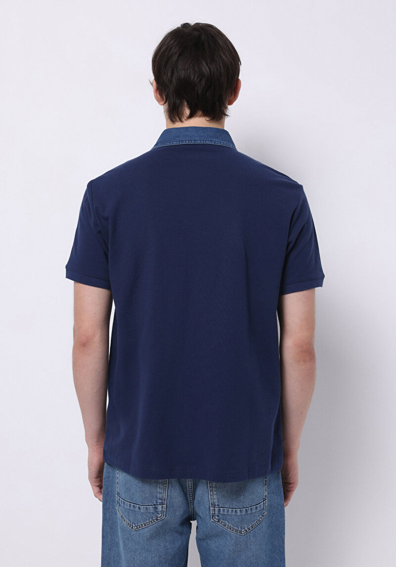 Regular Fit Polo Yaka Düz Erkek Mavi Örme Cepsiz Kısa Kol Tişört