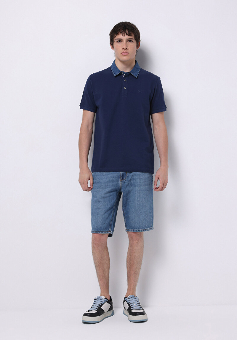 Regular Fit Polo Yaka Düz Erkek Mavi Örme Cepsiz Kısa Kol Tişört