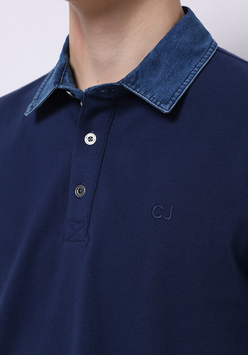 Regular Fit Polo Yaka Düz Erkek Mavi Örme Cepsiz Kısa Kol Tişört