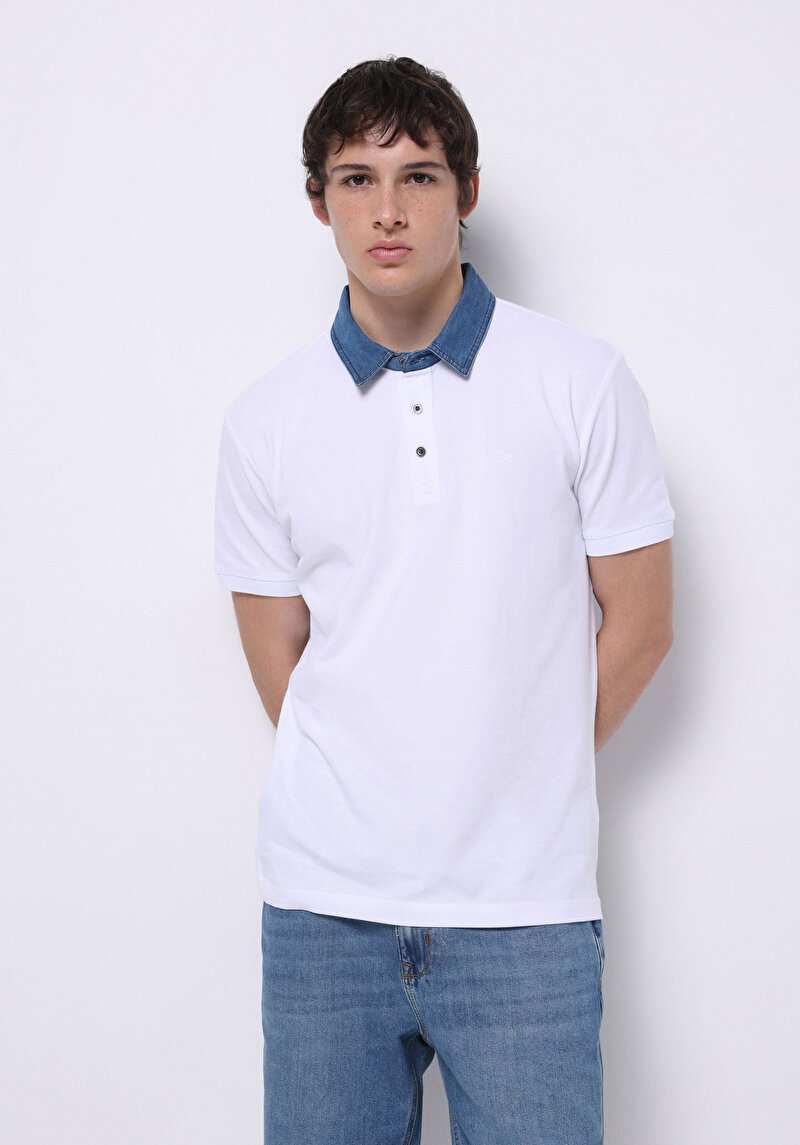 Regular Fit Polo Yaka Düz Cepsiz Erkek Beyaz Kısa Kol Tişört