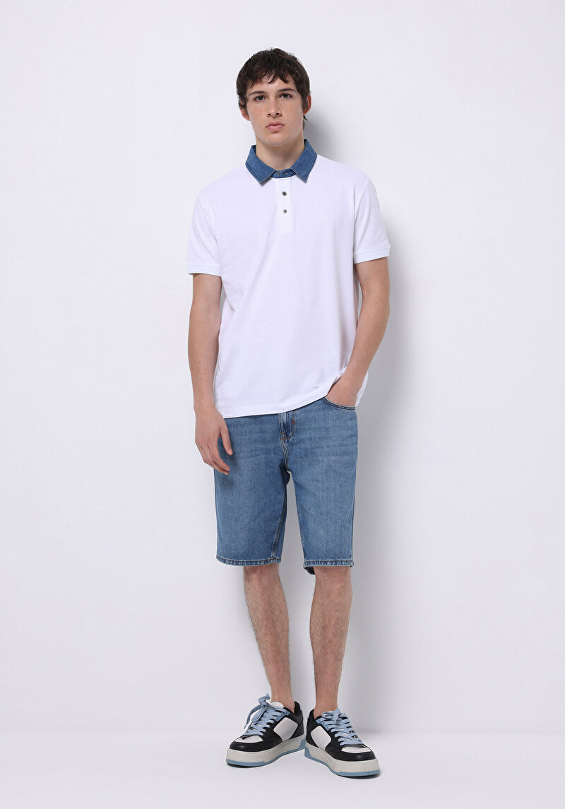 Regular Fit Polo Yaka Düz Cepsiz Erkek Beyaz Kısa Kol Tişört