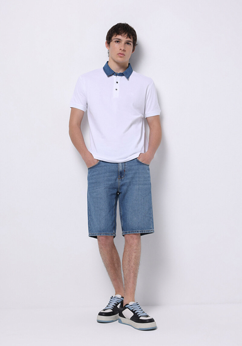 Regular Fit Orta Bel Düz Erkek Light İndigo Cepli Denim Jean Şort