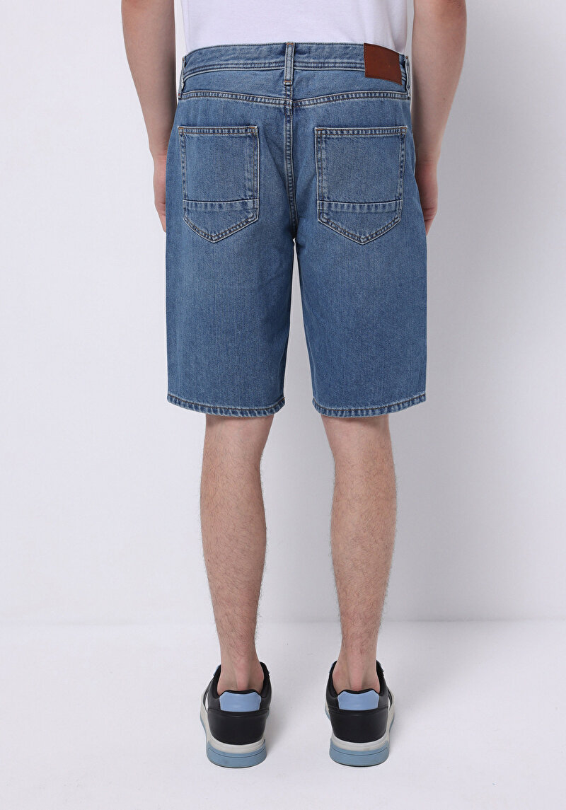 Regular Fit Orta Bel Düz Erkek İndigo Jean Şort