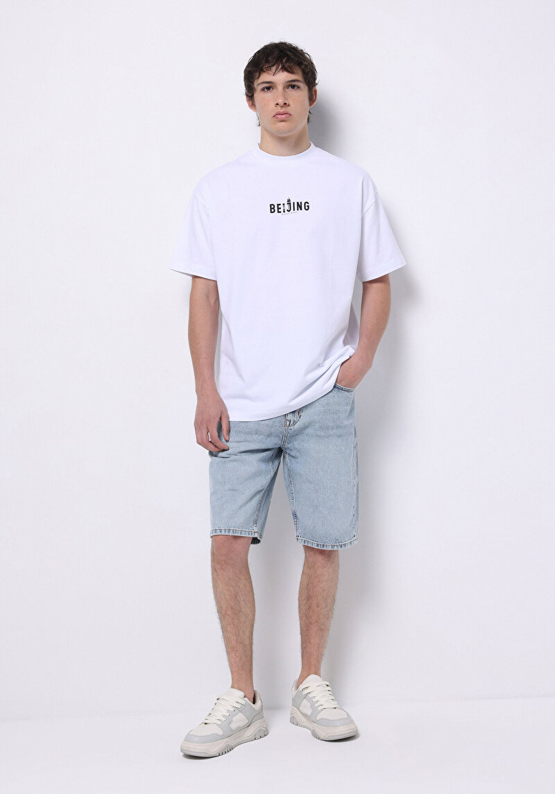 Regular Fit Orta Bel Düz Erkek Açik İndigo Jean Şort