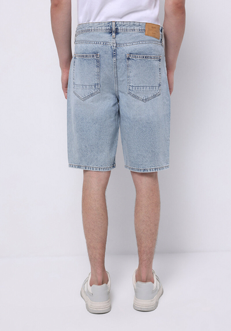 Regular Fit Orta Bel Düz Erkek Açik İndigo Jean Şort