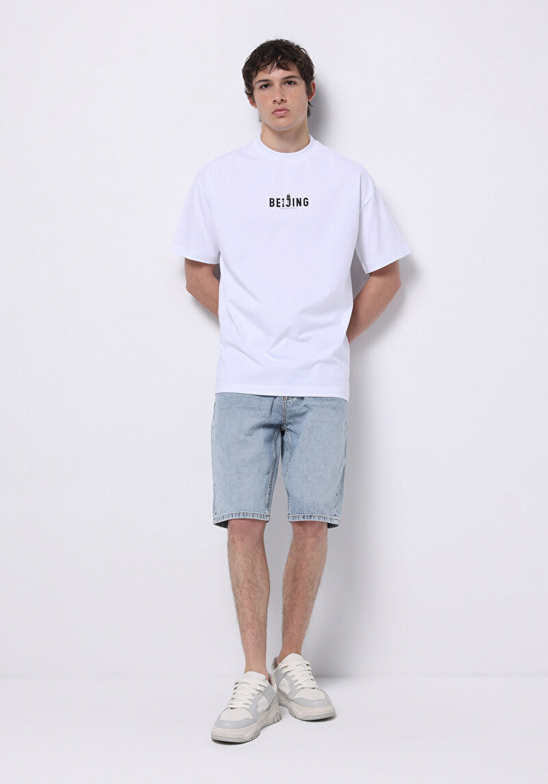 Regular Fit Orta Bel Düz Erkek Açik İndigo Jean Şort