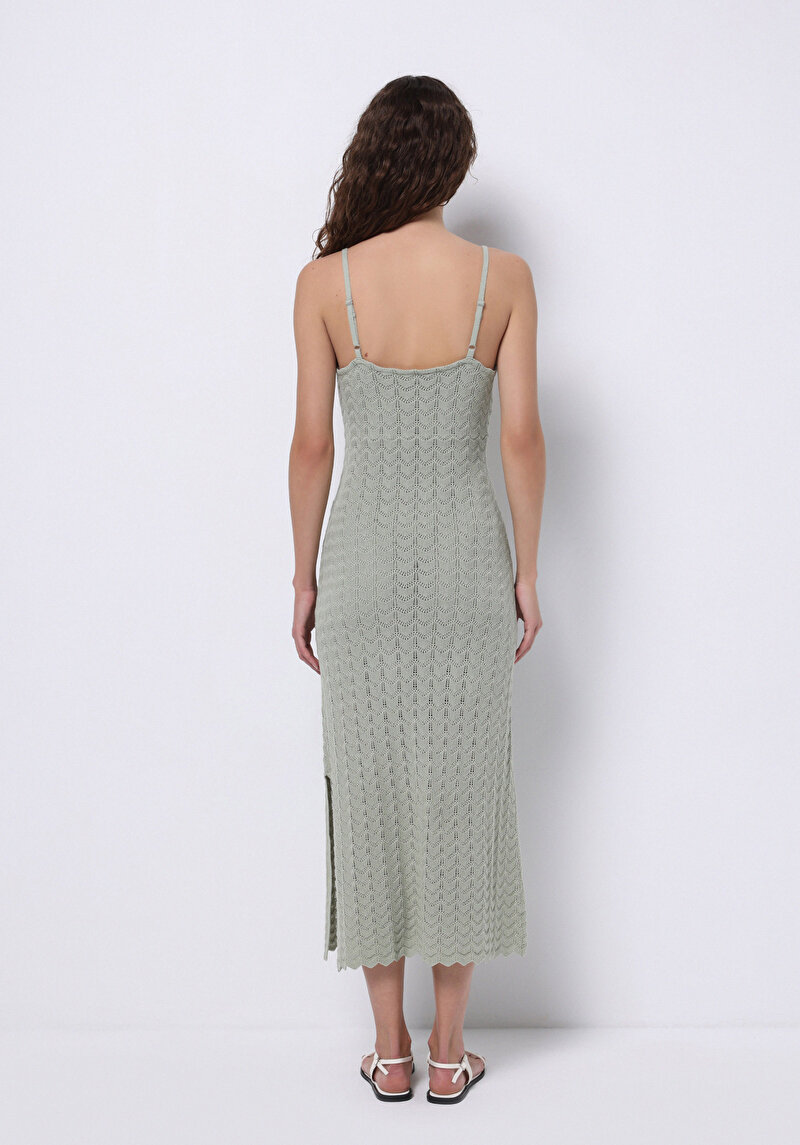 Slim Fit Düz Kadın Yeşil Askılı Elbise