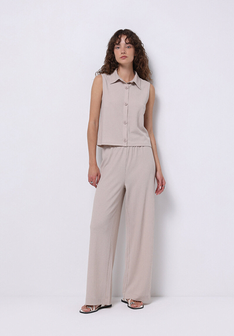 Regular Fit Orta Bel Düz Cepli Kadın Bej Eşofman Altı