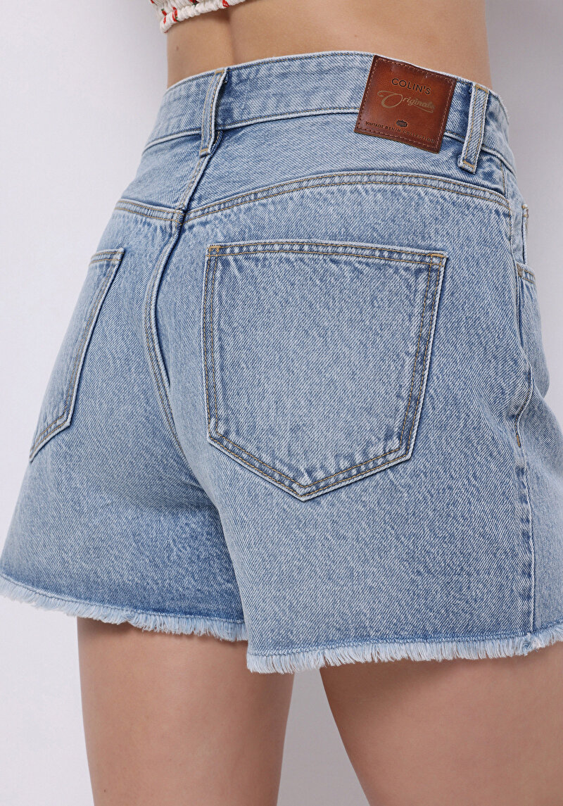 Mom Fit Yüksel Bel Düz Kadın İndigo Jean Şort