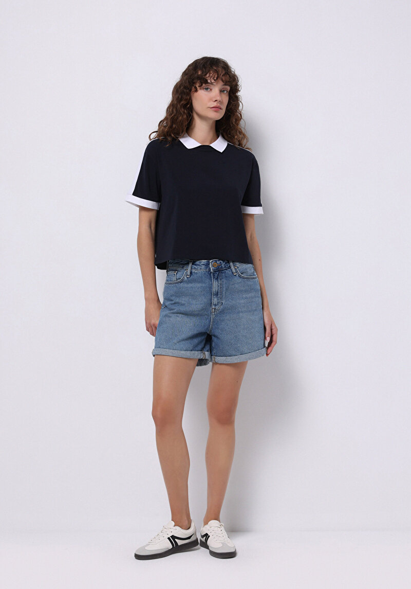 Mom Fit Yüksek Bel Düz Kadın İndigo Jean Şort