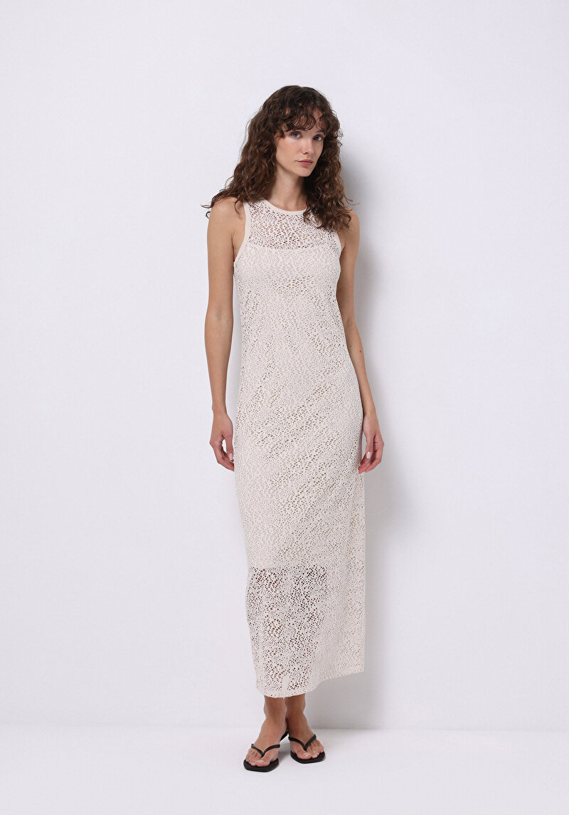 Slim Fit Jakarlı Kadın Ekru Kolsuz Elbise