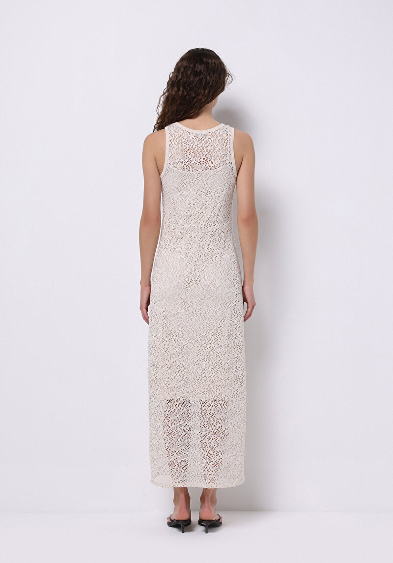 Slim Fit Jakarlı Kadın Ekru Kolsuz Elbise