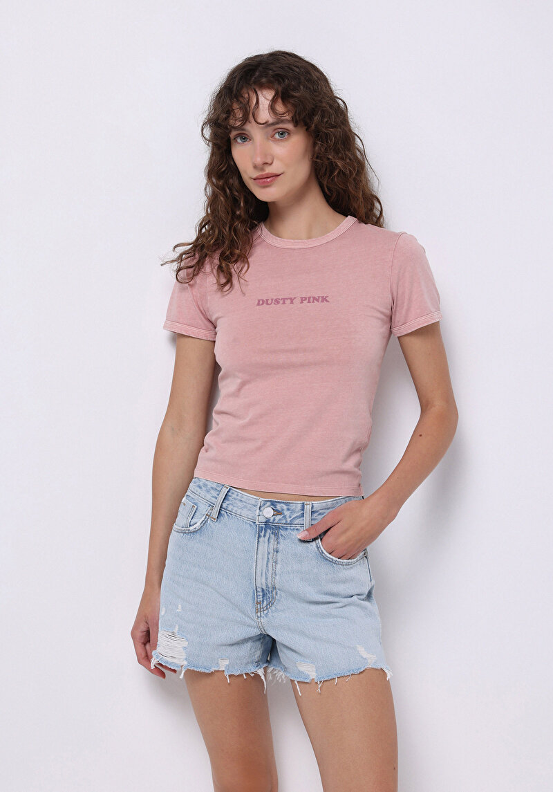 Slim Fit Yuvarlak Yaka Baskılı Kadın Pembe Kısa Kol Tişört