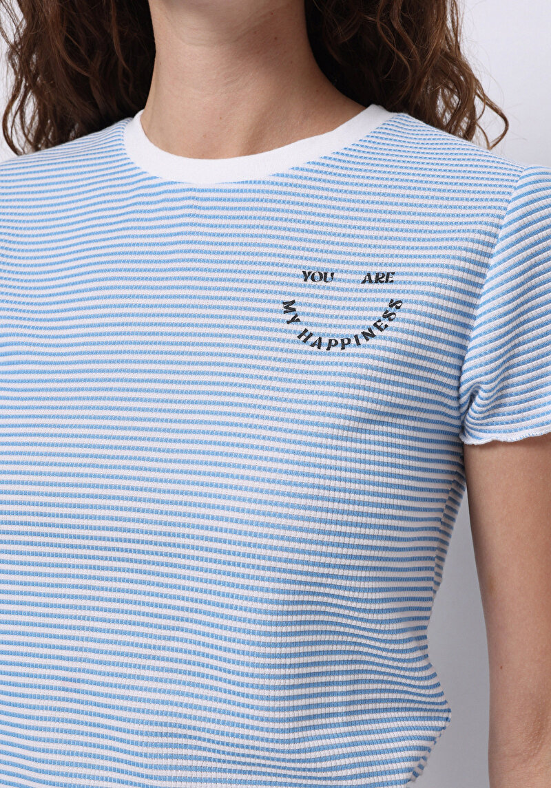 Slim Fit Yuvarlak Yaka Çizgili Kadın Mavi Kısa Kol Tişört