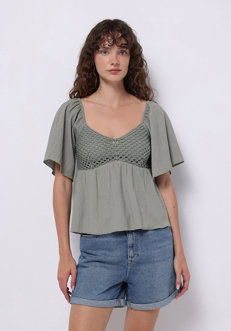 Regular Fit V Yaka Jakarlı Kadın Yeşil Kısa Kol Tişört