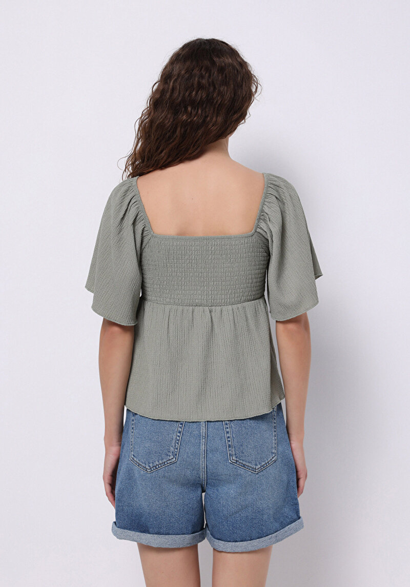 Regular Fit V Yaka Jakarlı Kadın Yeşil Kısa Kol Tişört