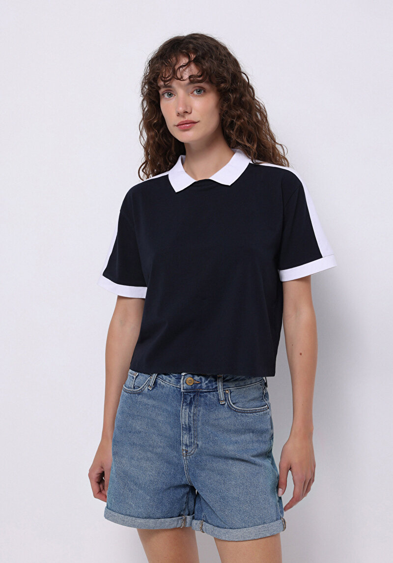 Regular Fit Polo Yaka Düz Kadın Lacivert Kısa Kol Tişört