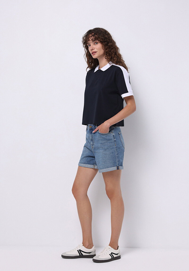 Regular Fit Polo Yaka Düz Kadın Lacivert Kısa Kol Tişört