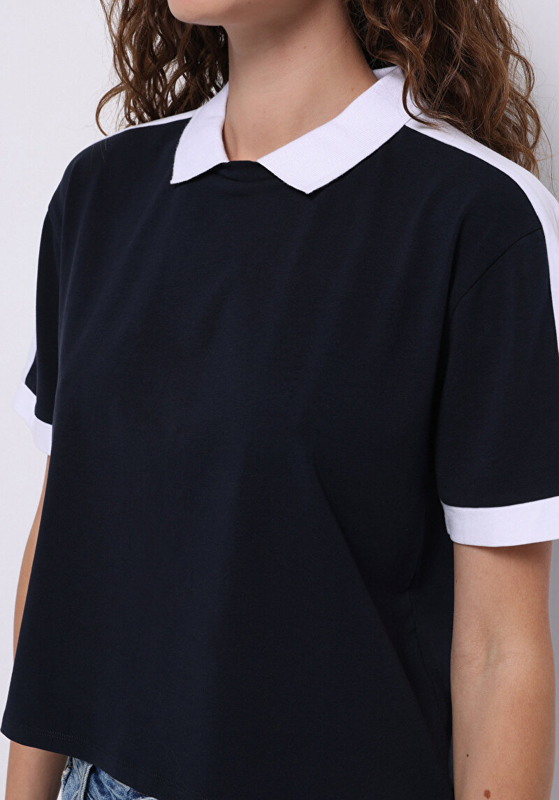 Regular Fit Polo Yaka Düz Kadın Lacivert Kısa Kol Tişört