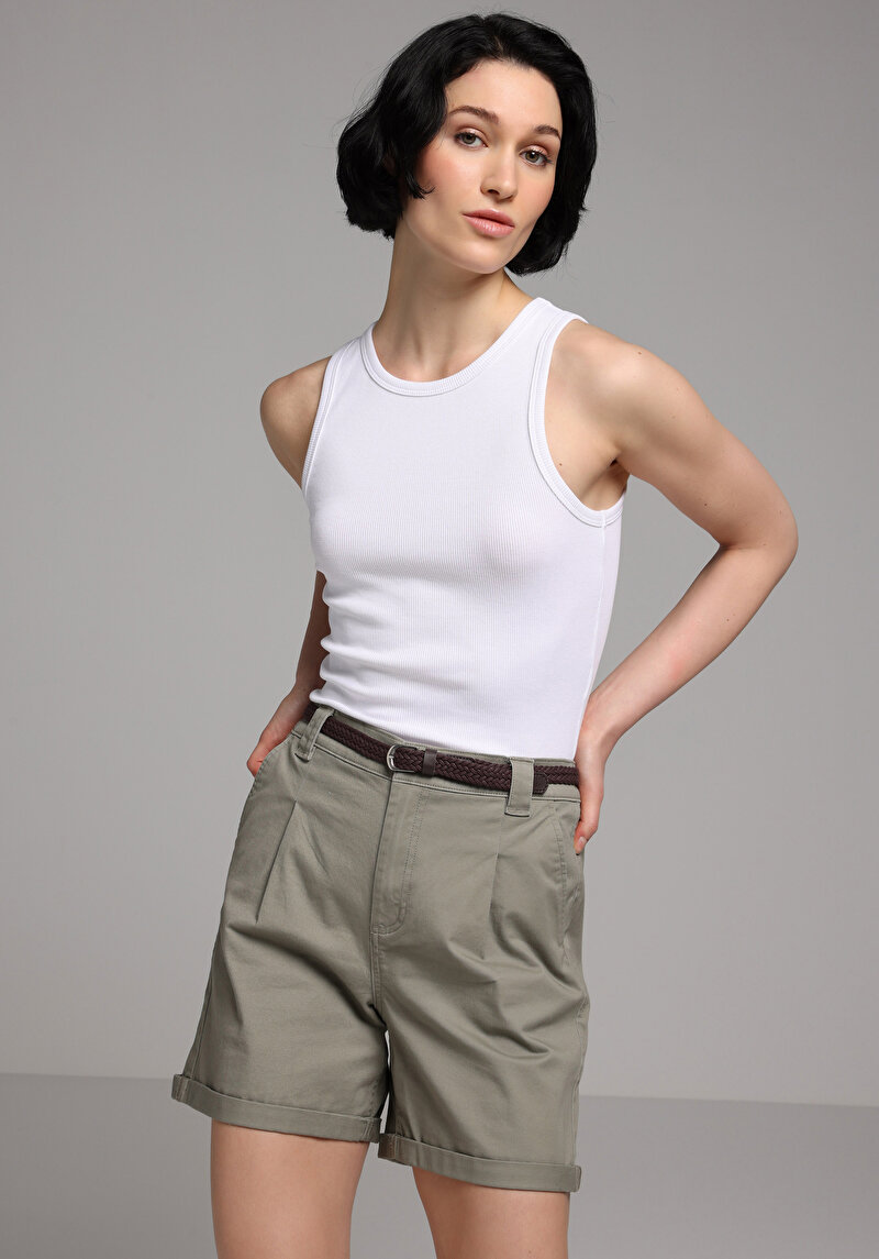 Slim Fit Yüksel Bel Düz Kadın Yeşil Şort