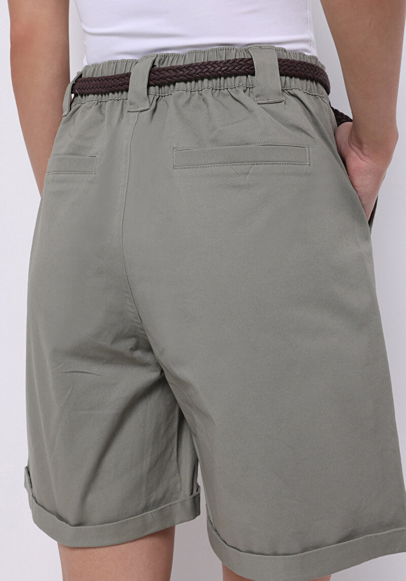 Slim Fit Yüksel Bel Düz Kadın Yeşil Şort