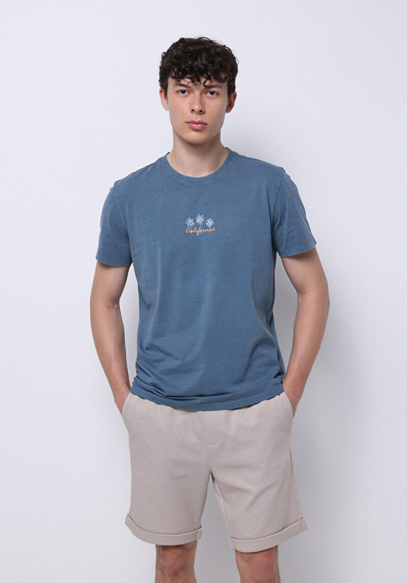 Regular Fit Yuvarlak Yaka Düz Erkek Mavi Kısa Kol Tişört
