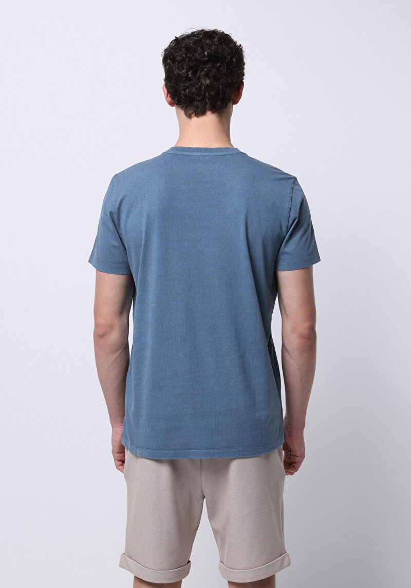 Regular Fit Yuvarlak Yaka Düz Erkek Mavi Kısa Kol Tişört