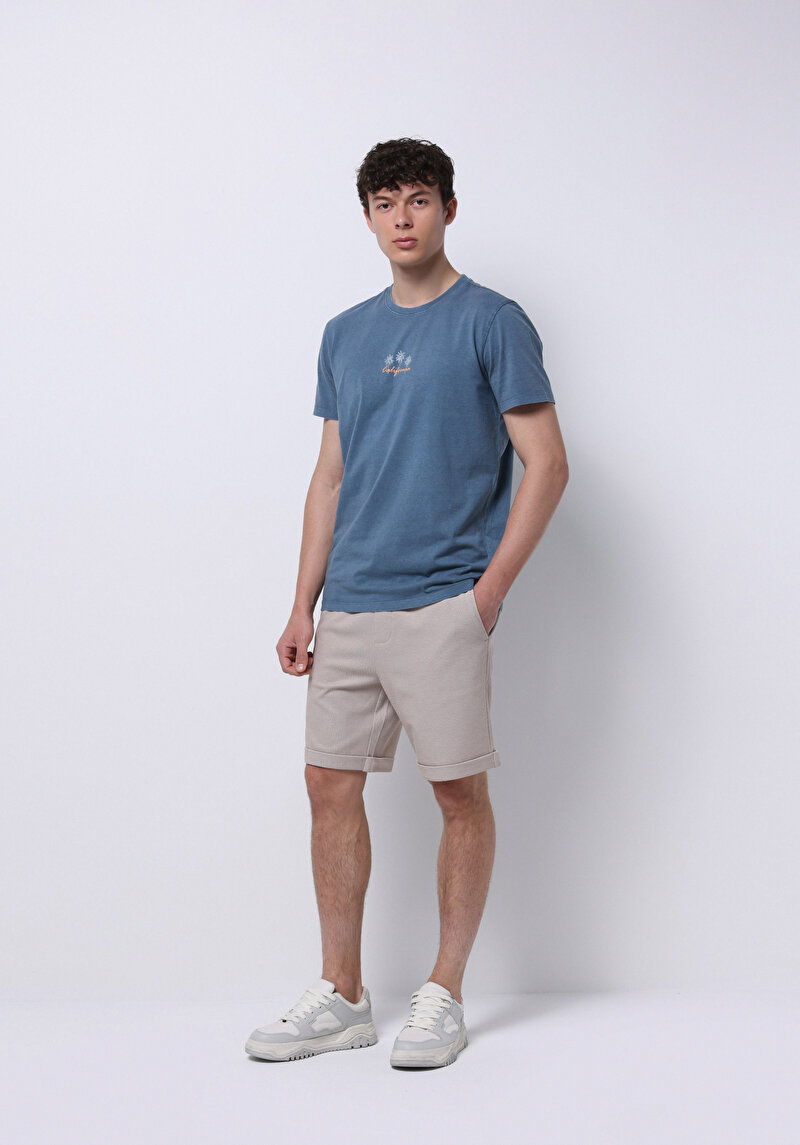 Regular Fit Yuvarlak Yaka Düz Erkek Mavi Kısa Kol Tişört