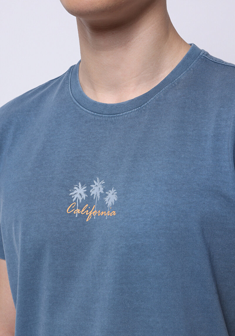 Regular Fit Yuvarlak Yaka Düz Erkek Mavi Kısa Kol Tişört