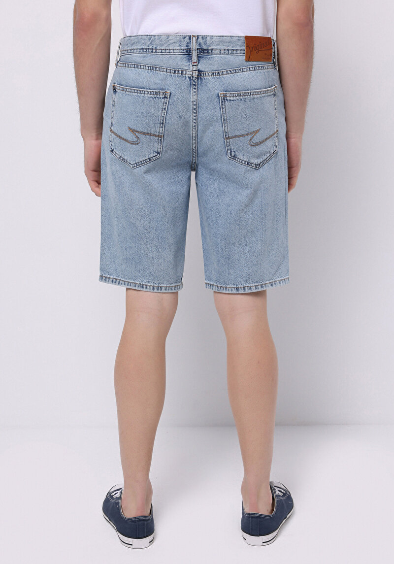 Regular Fit Orta Bel Düz Erkek Bleach İndigo Astarsız Denim Jean Şort