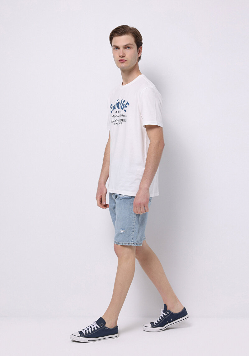 Regular Fit Orta Bel Düz Erkek Bleach İndigo Astarsız Denim Jean Şort