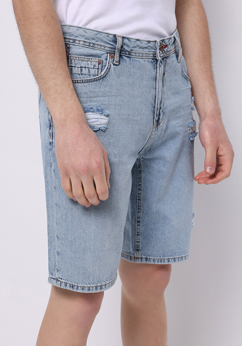 Regular Fit Orta Bel Düz Erkek Bleach İndigo Astarsız Denim Jean Şort