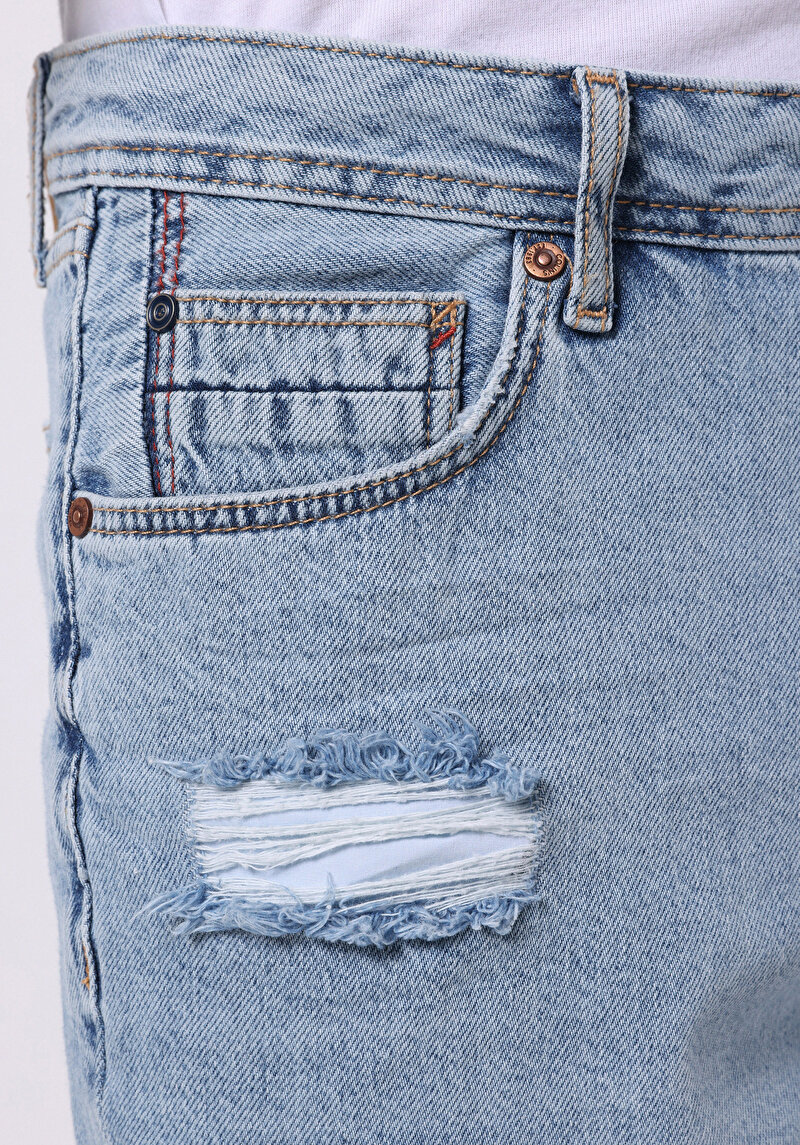 Regular Fit Orta Bel Düz Erkek İndigo Jean Şort