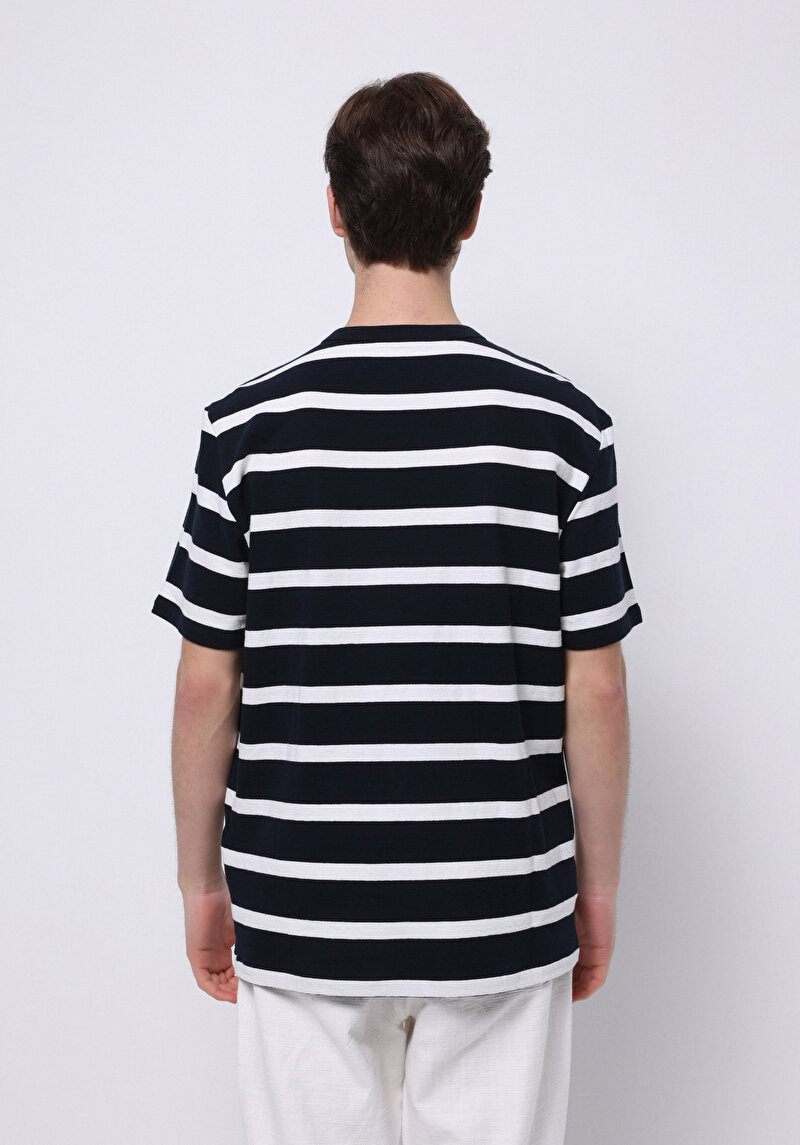 Comfort Fit Yuvarlak Yaka Çizgili Erkek Lacivert Cepsiz Kısa Kol Tişört