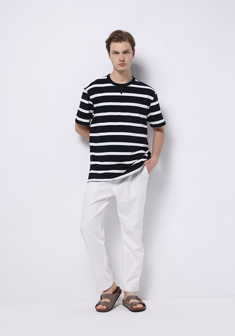 Comfort Fit Yuvarlak Yaka Çizgili Erkek Lacivert Cepsiz Kısa Kol Tişört